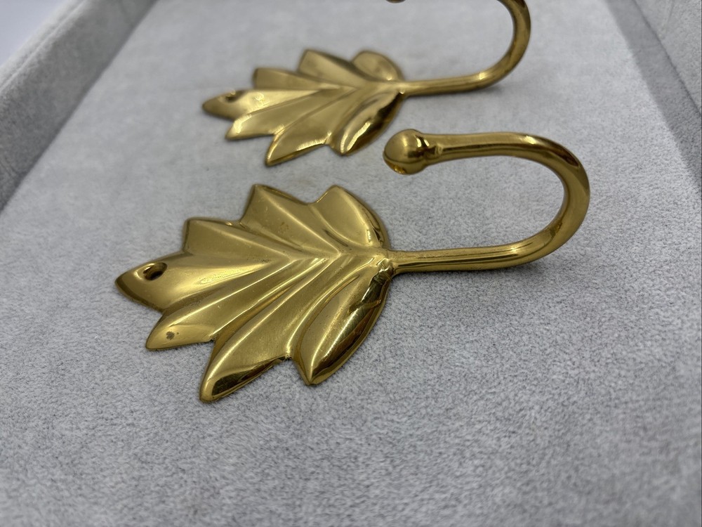 Two Brass Leaf Wall Hangers / Hooks 4-3/4” x3” OA