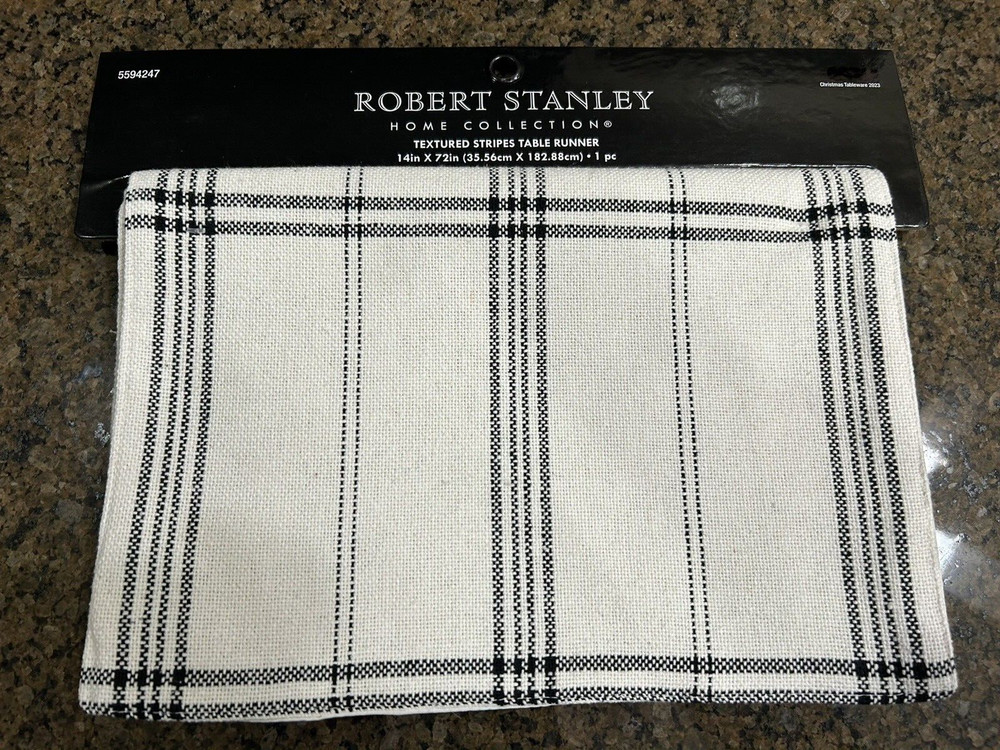 NWT Robert Stanley ivory black textured striped 14" x 72" table runner