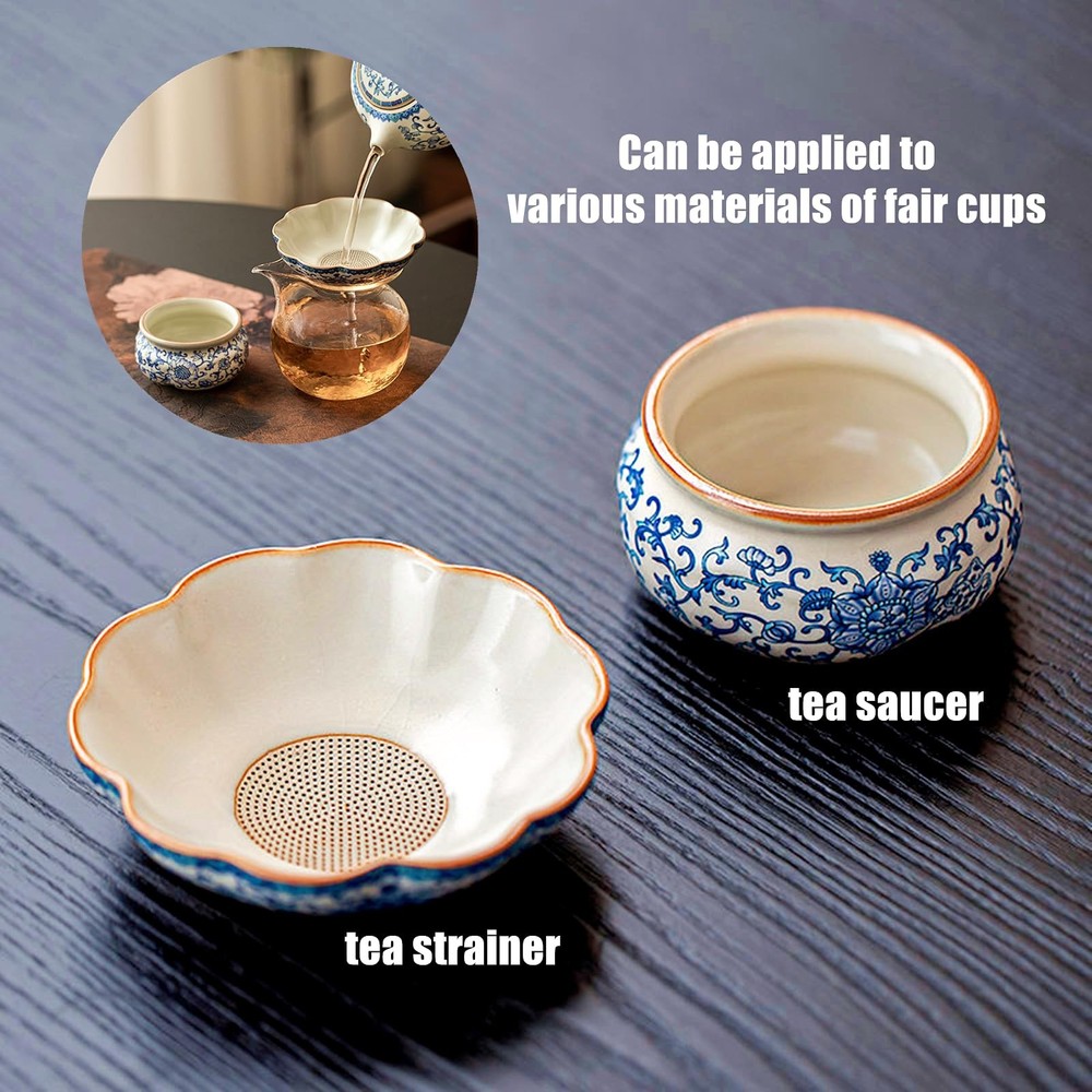Ceramic Tea Infuser Strainers With Support Holder Saucer Blue And White
