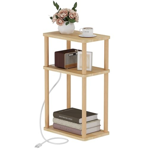 Solid Wood Side Table with Charging Station, 3-Tier Small End Table Natural