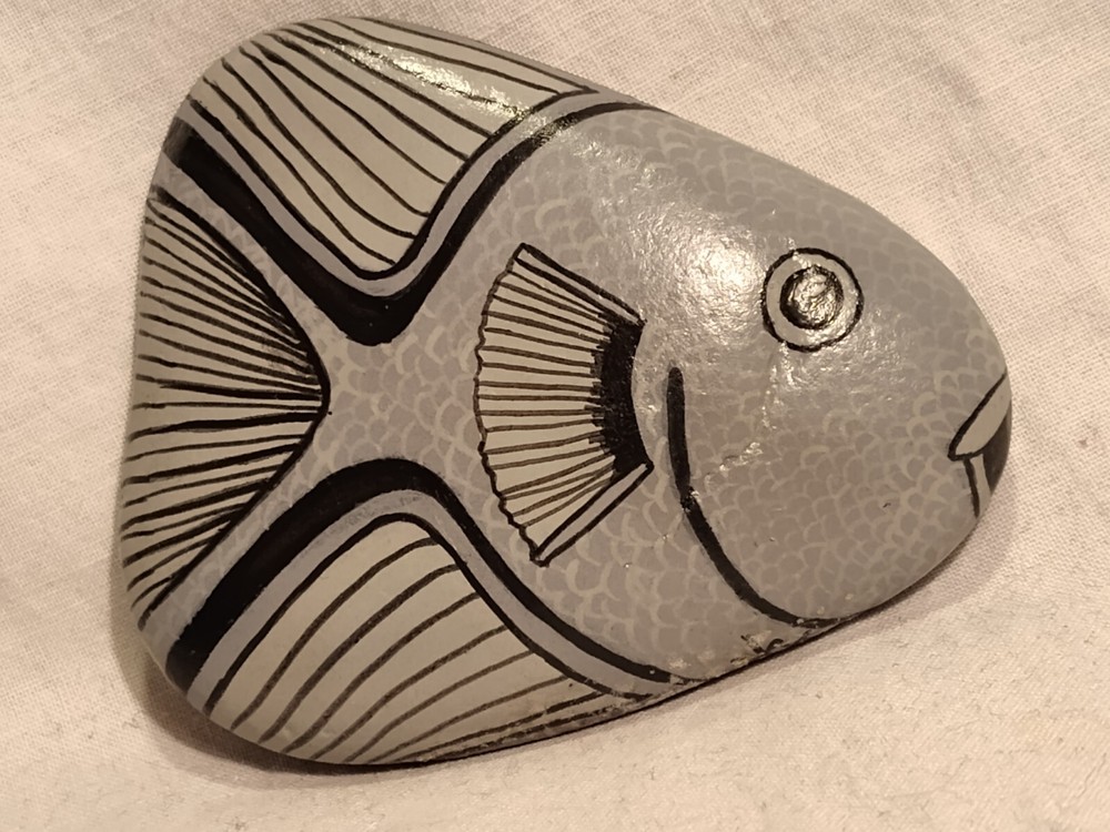 Hand Painted Stone Rock Gray Fish Signed