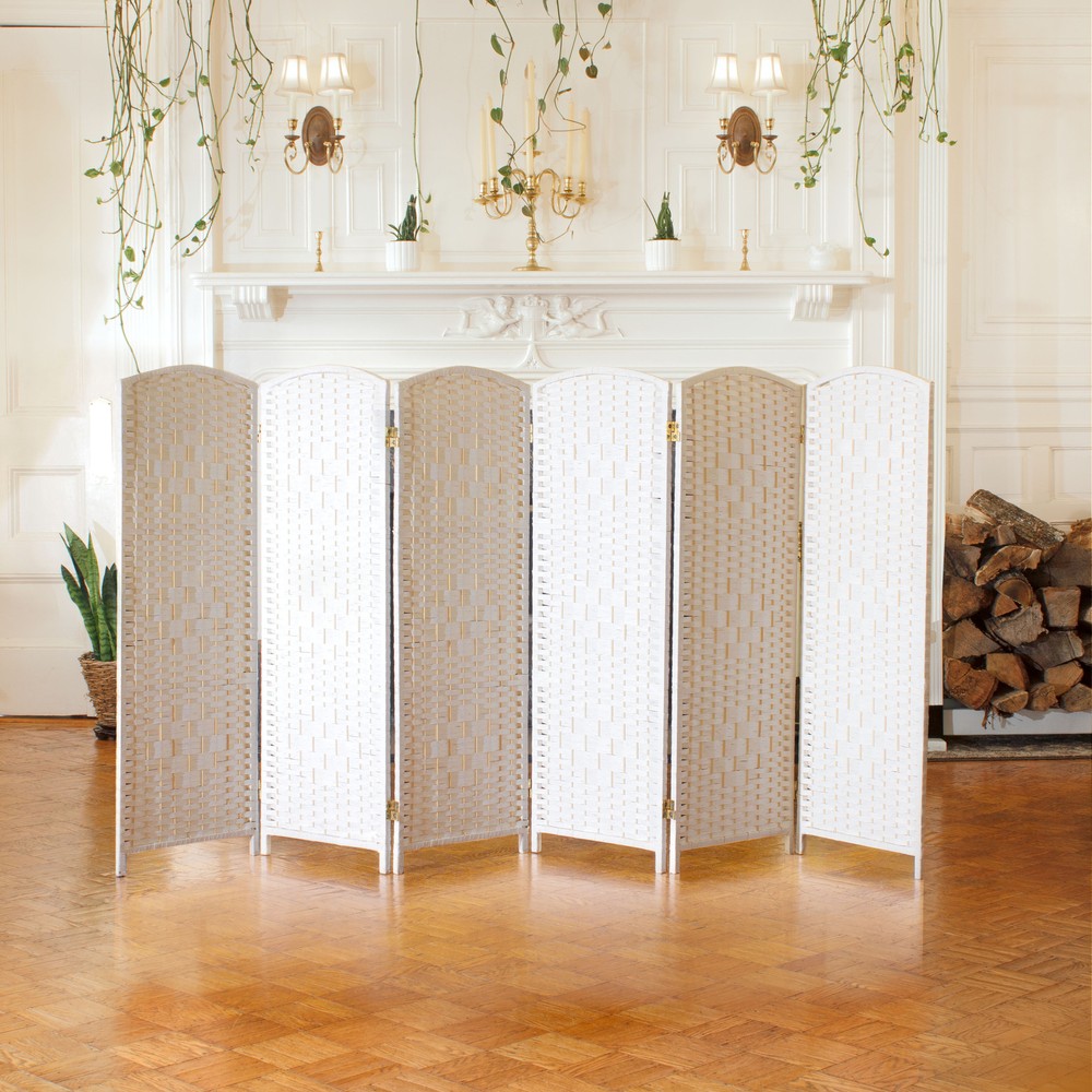 4 ft. Short Diamond Weave Fiber Folding Screen - White - 6 Panel