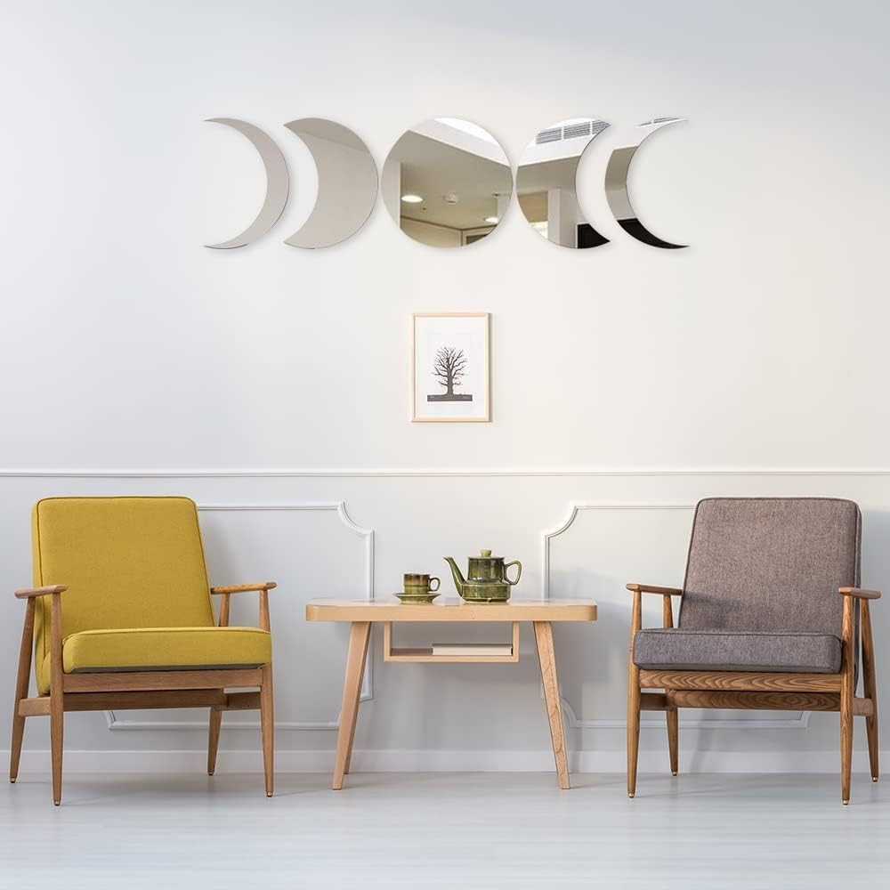 5pieces Moon Phase Mirror Set Wall Decor, Unbreakable Acrylic Self-Adhesive B...