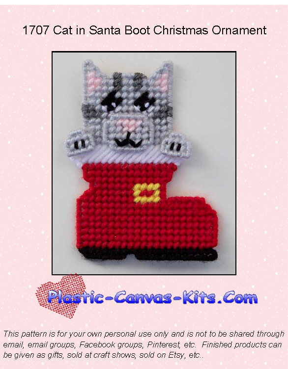 Cat in Santa Boot Christmas Ornament-Plastic Canvas Pattern or Kit