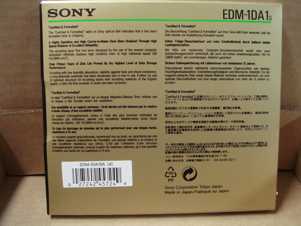NEW Sony EDM-1DA1s Rewritable 650MB 512B Sector 5.25" MO OPTICAL DISK