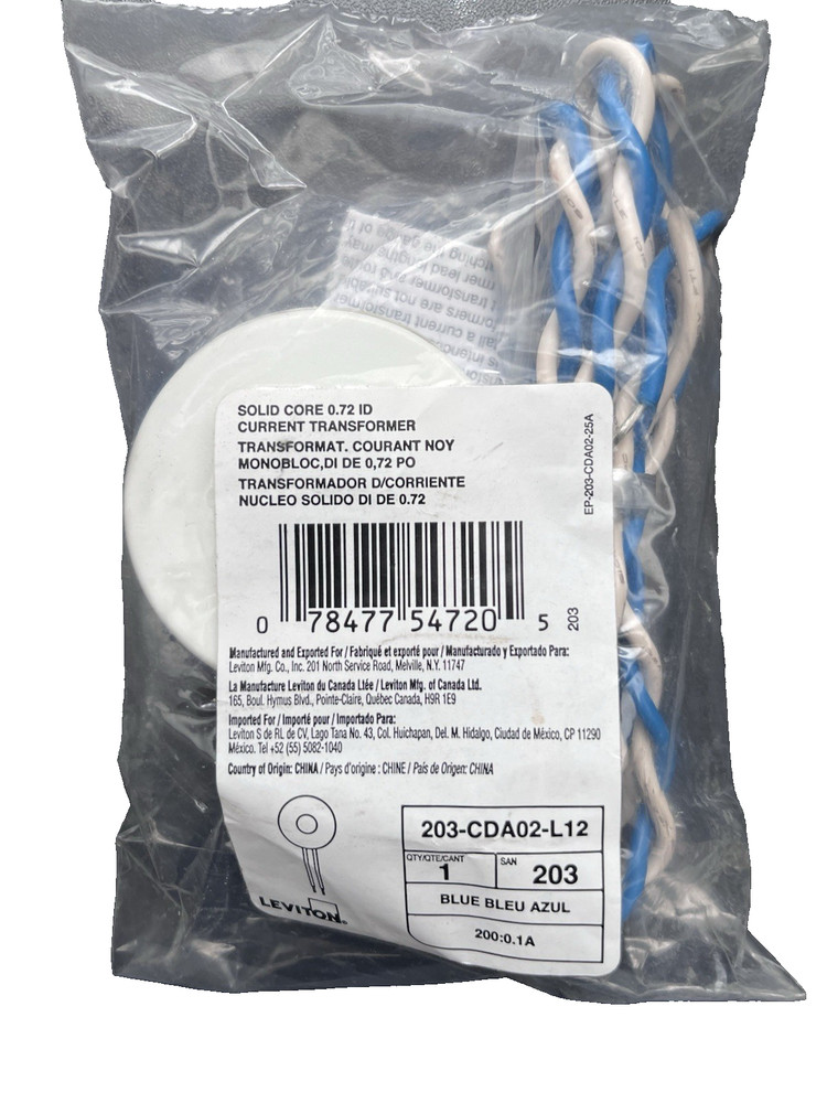 Leviton CDA02-L12 Current Transformers, 200A, 200:0.1A, Blue, Solid Core 0.72'