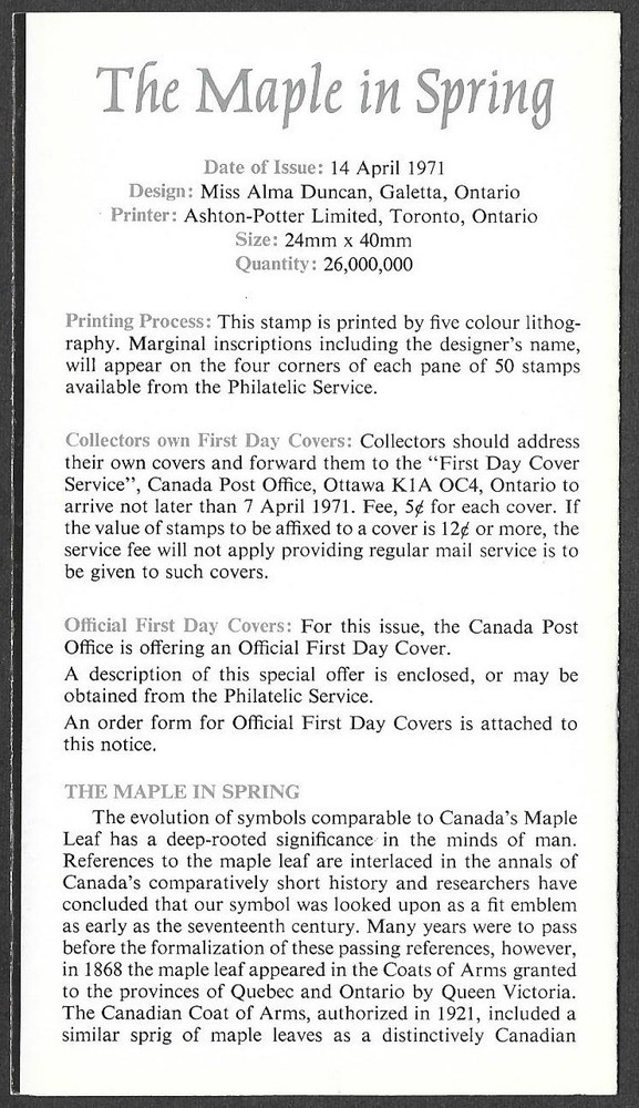 CANADA 1971 THE MAPLE IN SPRING BOOKLET 5-FOLD CANADA POST OFFICE