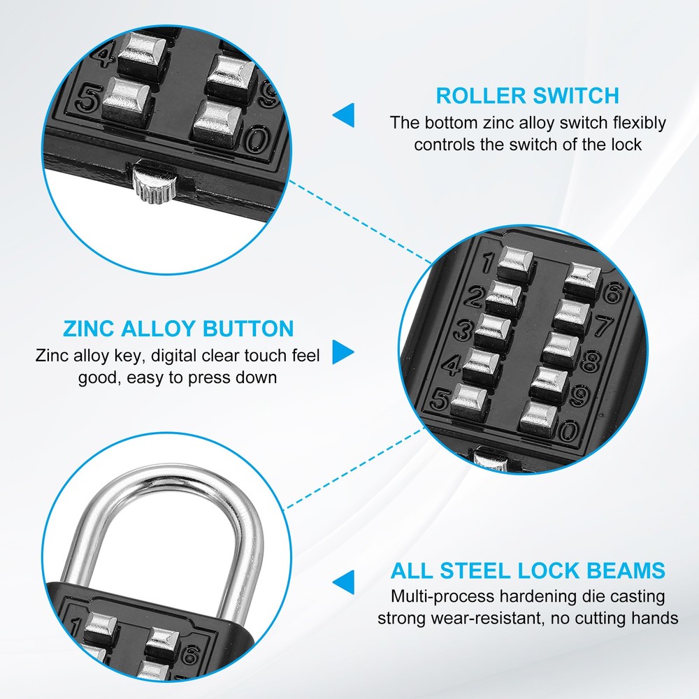 3Pcs Push Button Combination Padlock 10-Digit 5-Position Lock Black