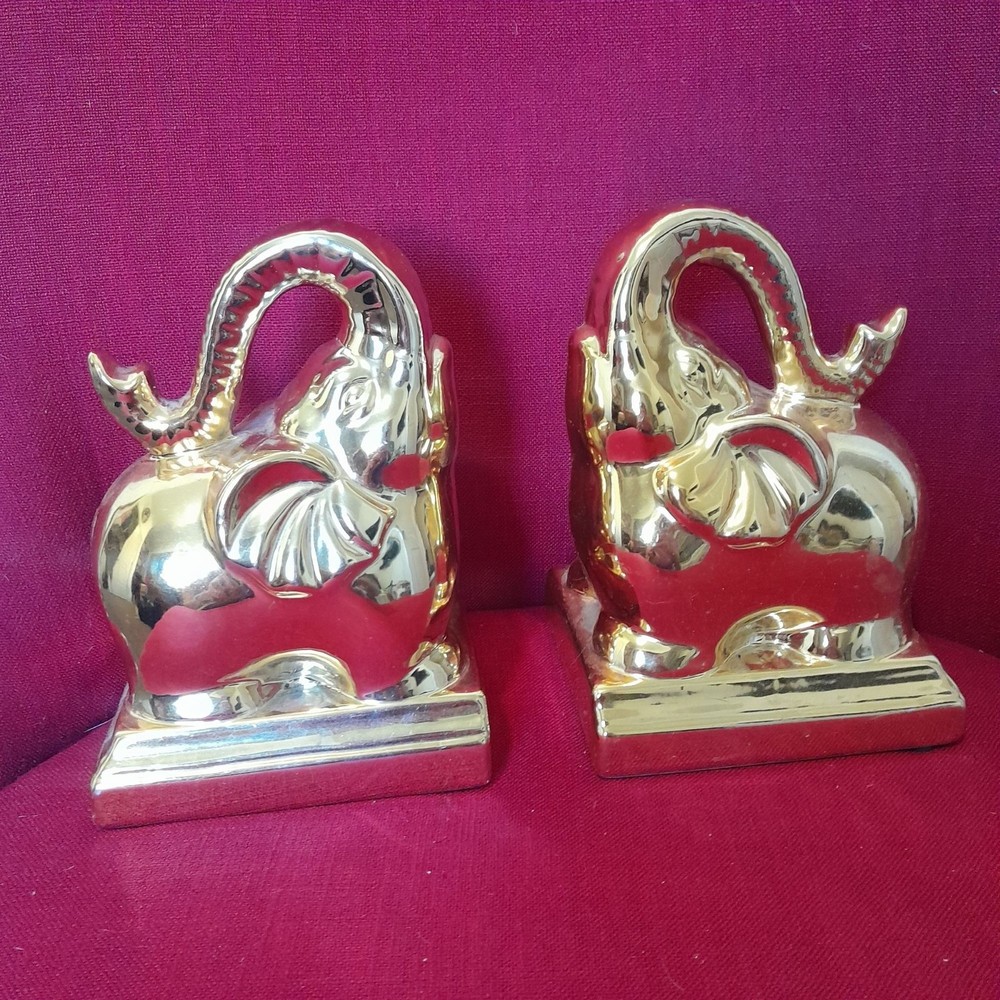 Gold Elephant Bookends Pair Ceramic 7" Tall