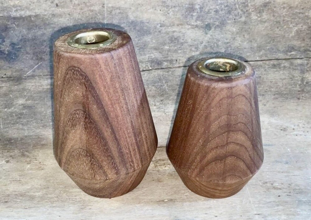 2 Walnut Taper Candle Holders Large & Medium