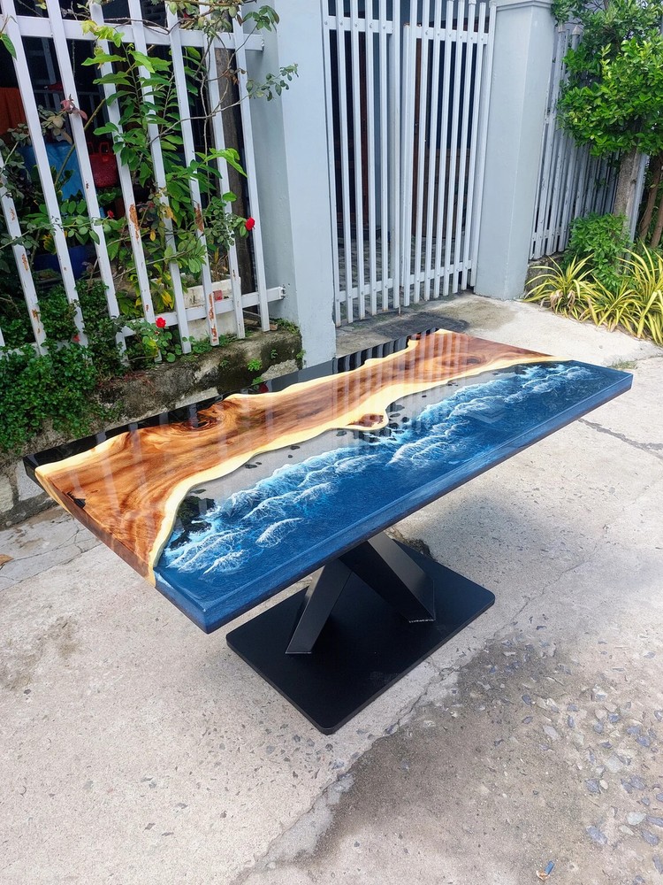 Personalized Unique Live Edge Resin Epoxy Table, Custom Blue Ocean Epoxy Resin