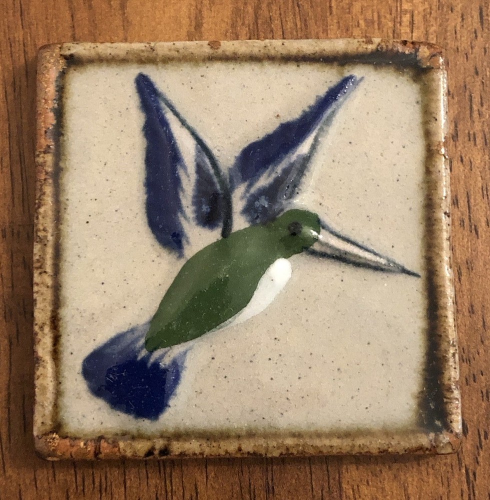 Glazed Pottery Ceramic Hummingbird Tile Signed Mex 2.5 In