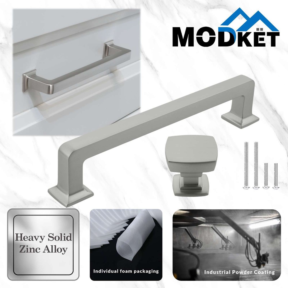 Solid Brushed Nickel Square Cabinet Handles Pulls Knobs Kitchen Bathroom Modern
