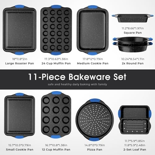 11-Piece Professional Stackable Baking Set, Oven-Safe Nonstick Black&Blue