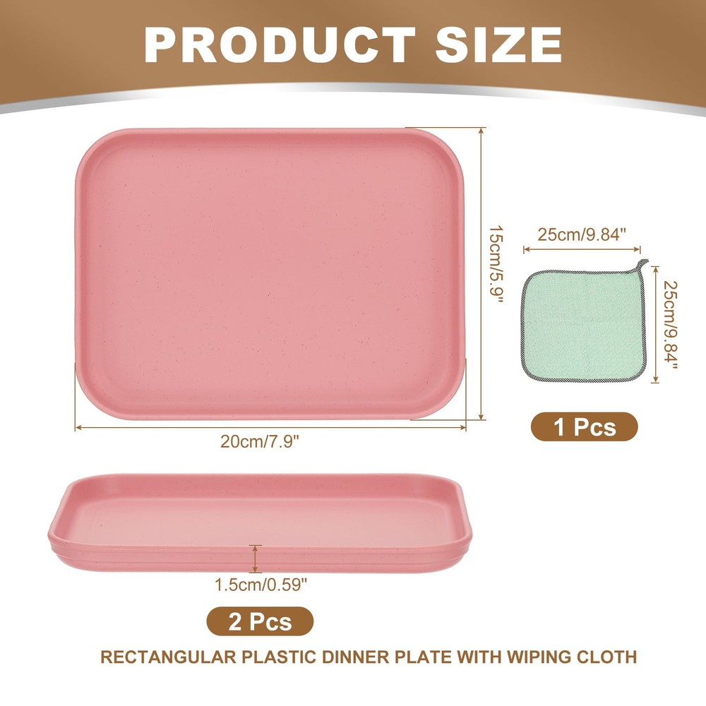 2Pcs 7.9x5.9" Rectangular Plates Wheat Plastic Dinner Plates Pink