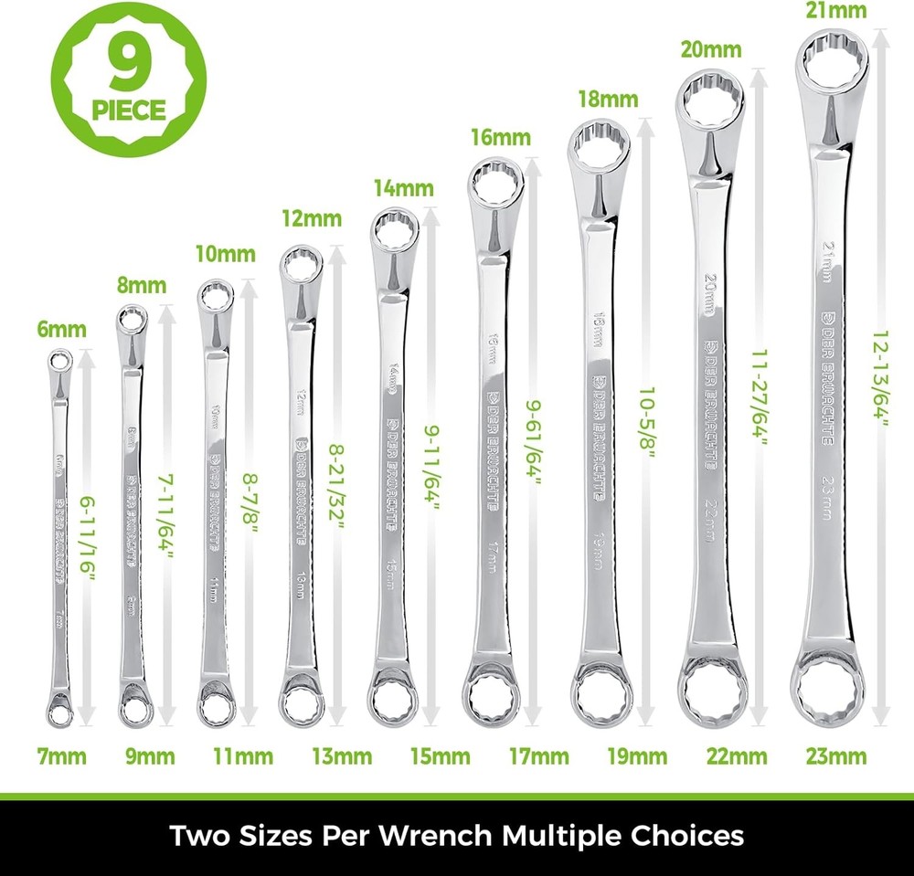 9 PCS Double Box End 75 Degree Deep Offset EXTRA LONG Wrench Tools Set 6-23Mm US