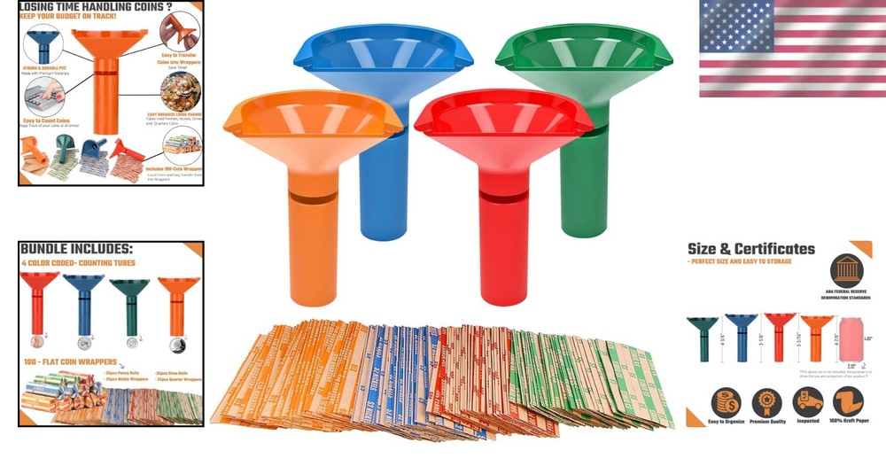 Efficient Coin Storage Tubes Set - 4 Color-Coded with 100 Assorted Wrappers