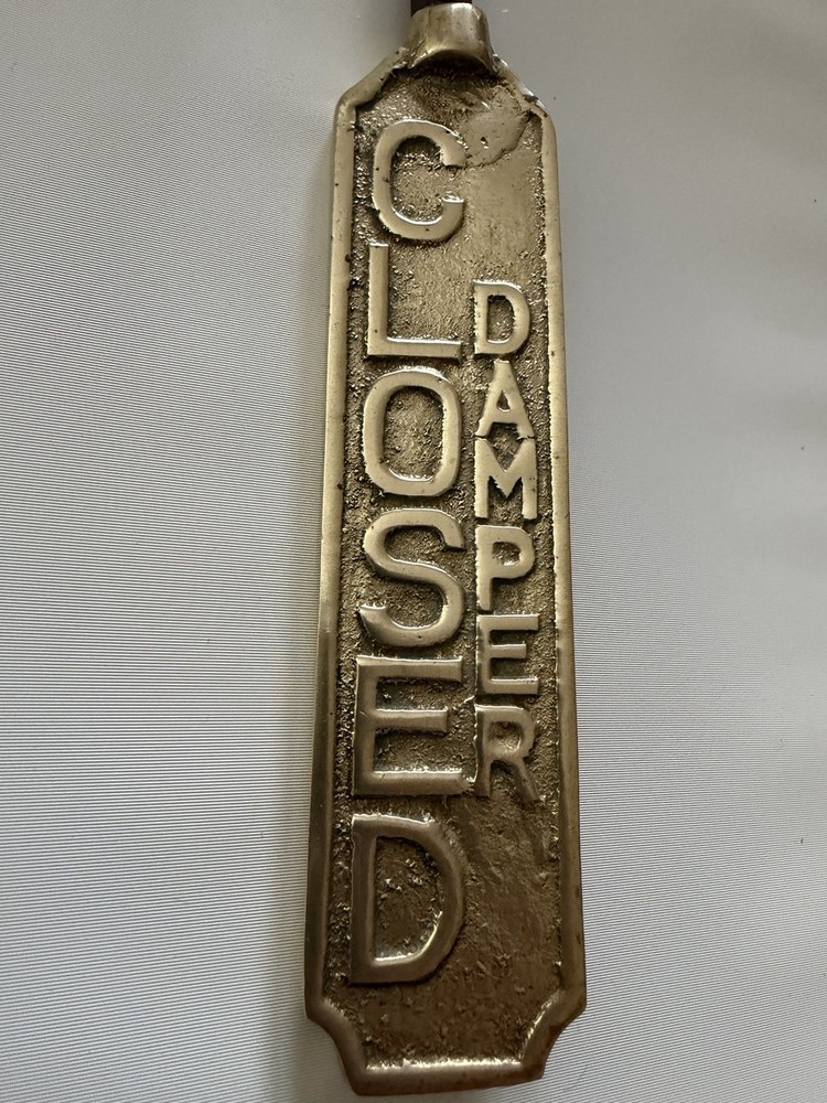 Vtg Solid Brass & Iron Fireplace Damper Open/Closed Hanging Sign Flue Pull Hook