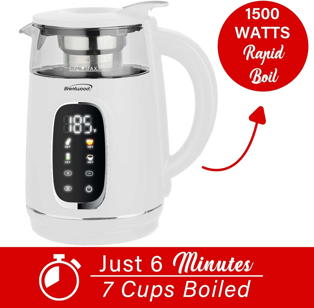 1100W 1.7L BPA Free Cordless Digital Glass Electric Kettle with Tea Infuser, 360