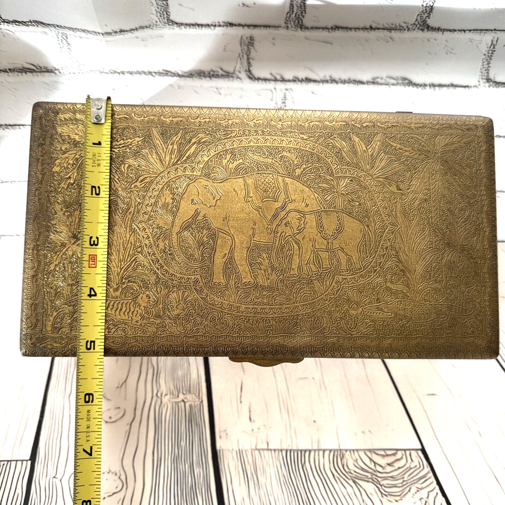 HAND TOOLED ENGRAVED SOLID BRASS STASH BOX CHEST ELEPHANT OX LION ELK HUNTER