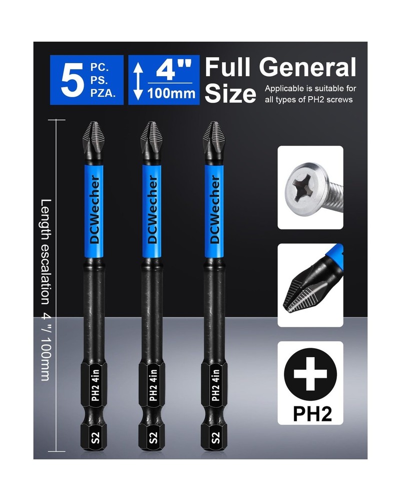 4-Inch Long Phillips Head Drill & Screwdriver Bits 5-Pack, 2 Phillips Bits #2...
