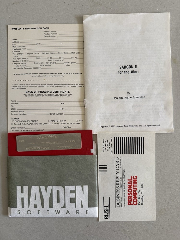 Hayden Software Sargon II Chess for Atari with Manual & Floppy Disk