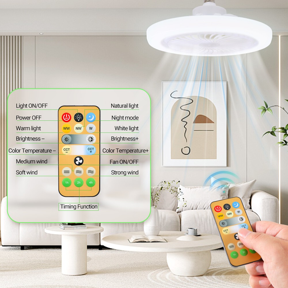 2 In 1 E27 Socket Fan Light With Remote Ceiling Fan Adjustable LED Smart 3 Speed