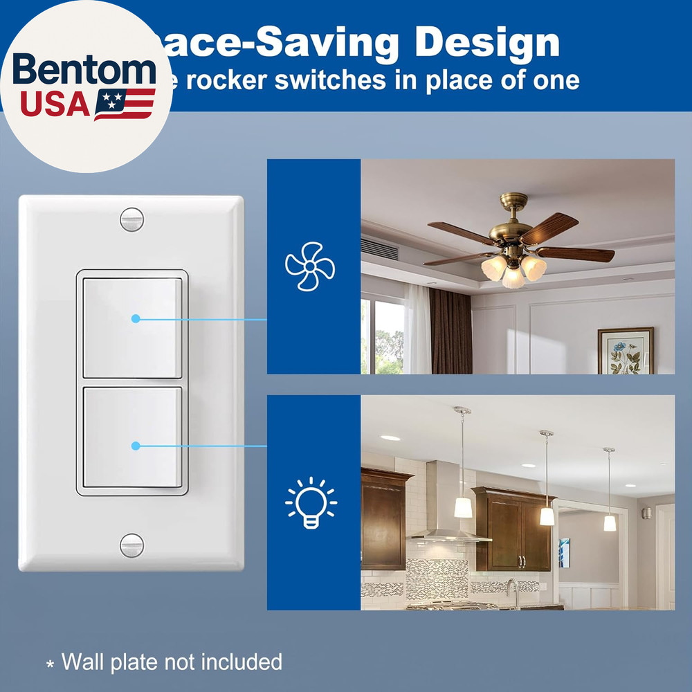 CML Double Paddle Rocker Decorator Light Switch, Single Pole Dual Self-Grounding