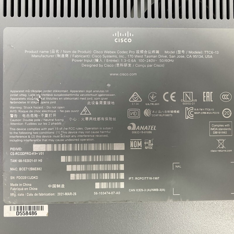 Cisco Webex Codec Pro Conference Device TTC6-13 CS-RCODPLUS-K9+ V01