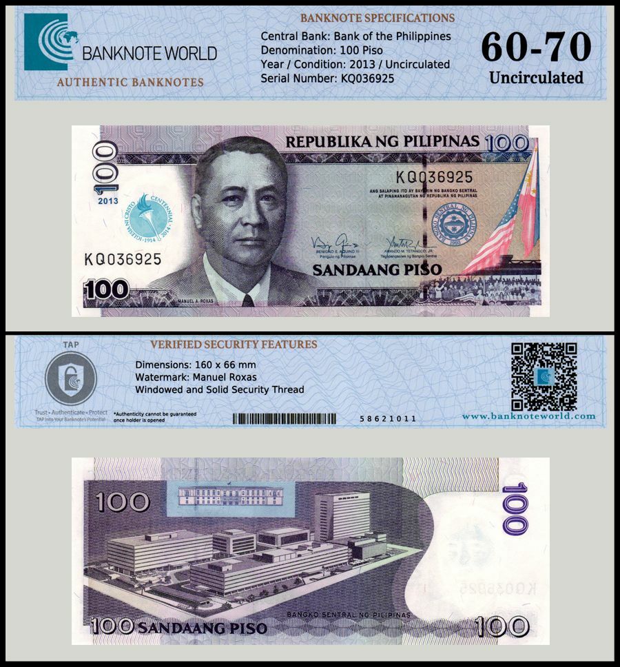 Philippines 100 Piso, 2013, P-221, UNC, Commemorative, Authenticated Banknote