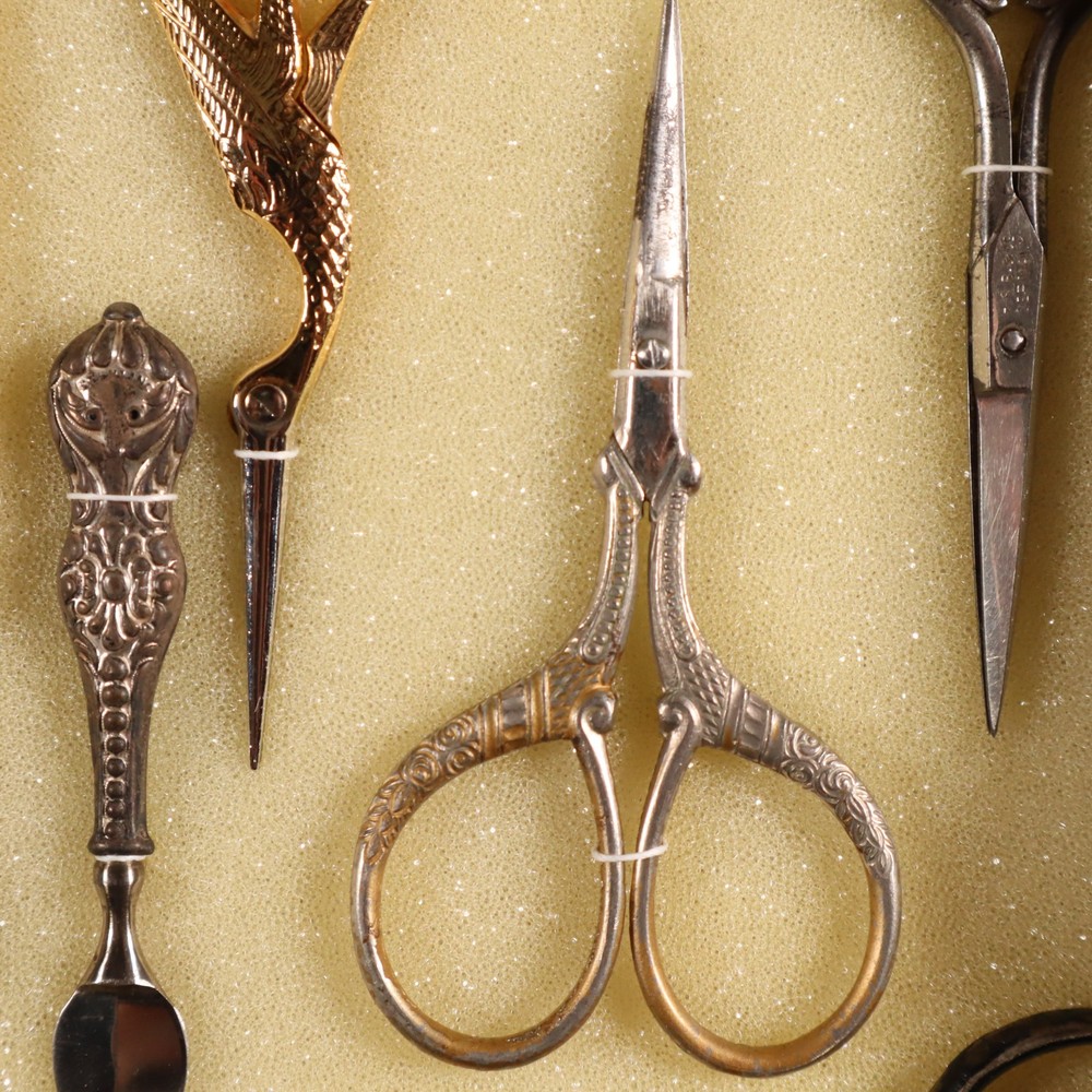 Antique Sewing Tools Scissors Quill Knives Thread Snips Display See Description