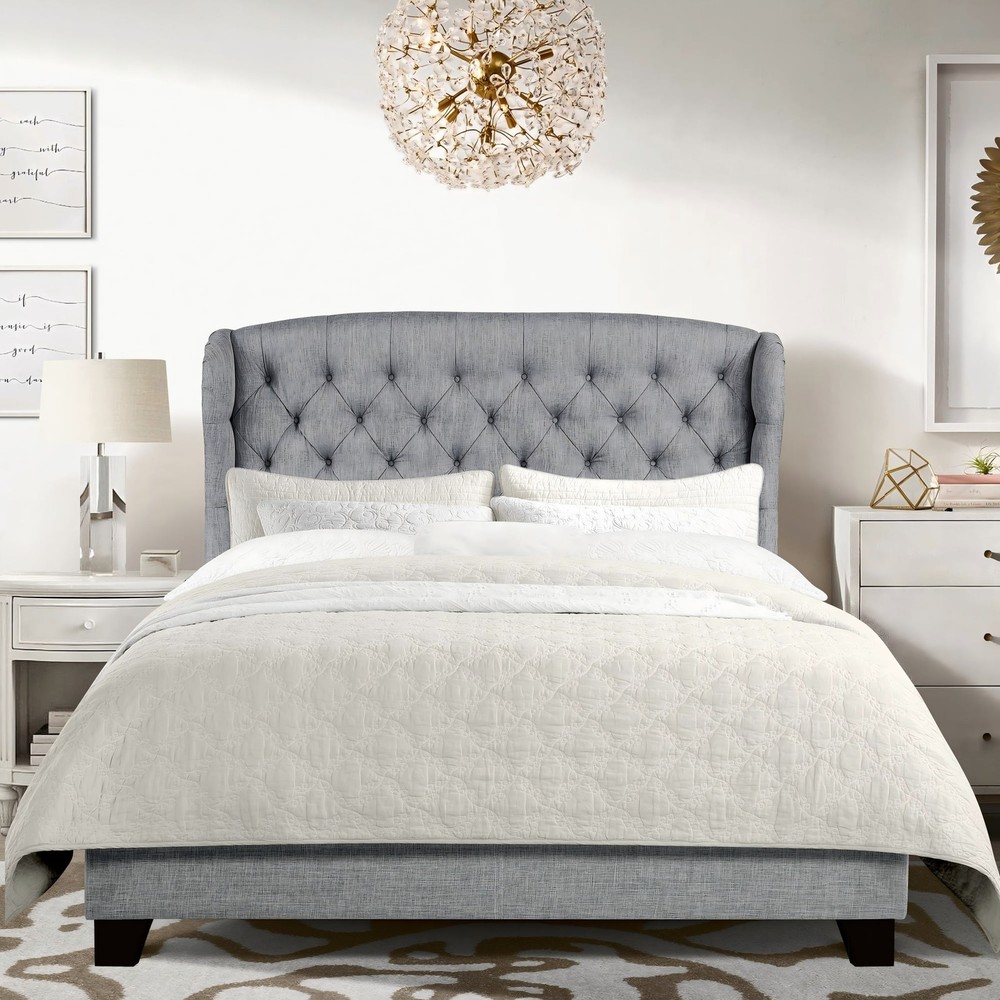 King Size Upholstered Platform Bed Frame W/ Adjustable Wingback Headboard Box