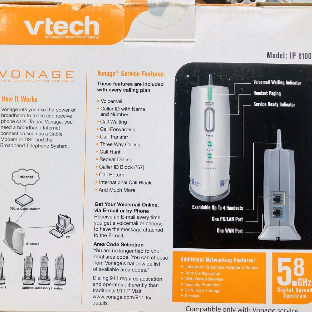 Vonage VTech IP 8100-1 Broadband Telephone System, Base & Handset Open Box