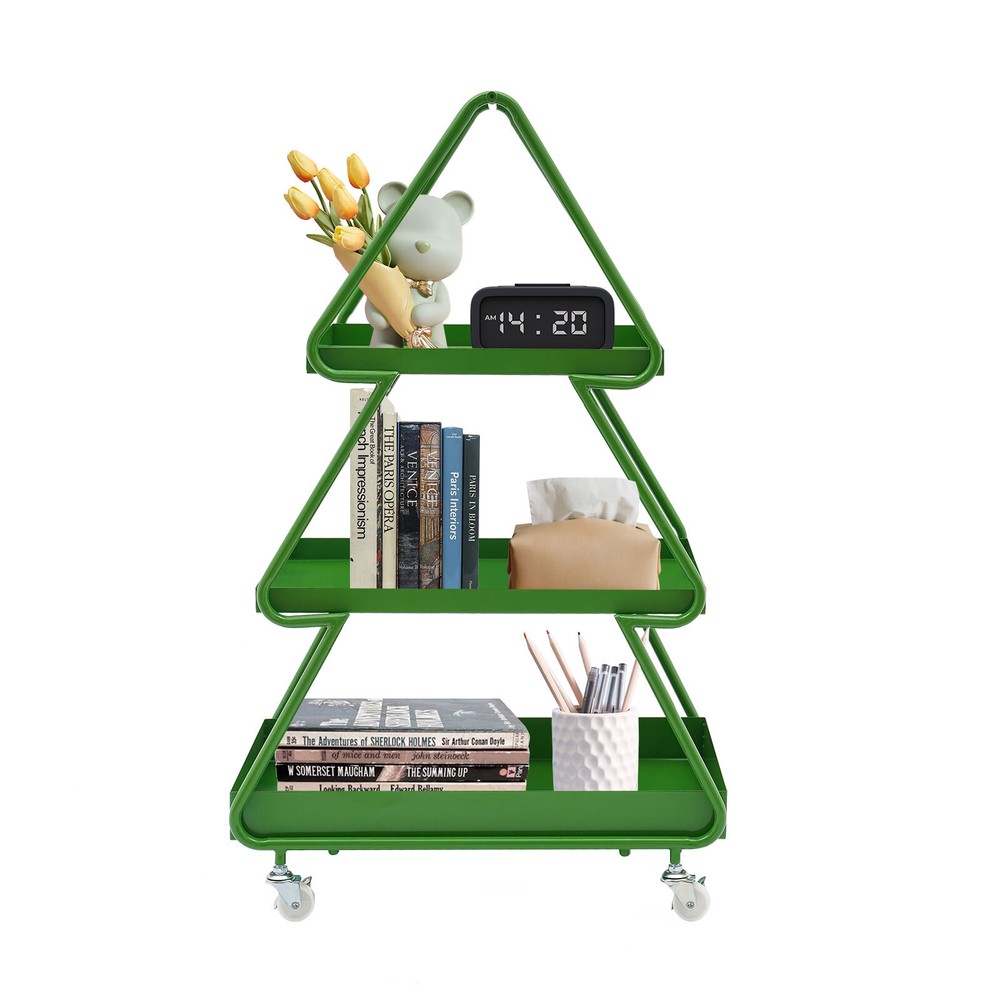 Iron Side Table White Tree-shaped End Table w/4 Universal Wheels for Living Room