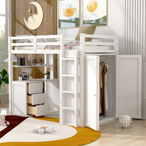 Solid Wood Loft Bed with Desk and Wardrobe Storage Cabinet Twin Size Bed Frames