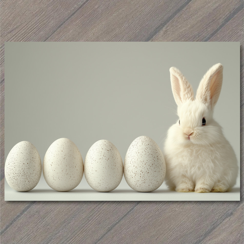 FLATCARD  Easter Bunny Fluffy Rabbit Surrounded by Speckled Eggs White