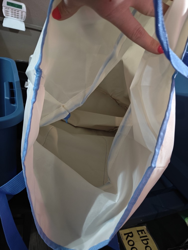 W3- Laundry Backpack Cream/Blue Top Handles & Back Straps Drawstring Closure