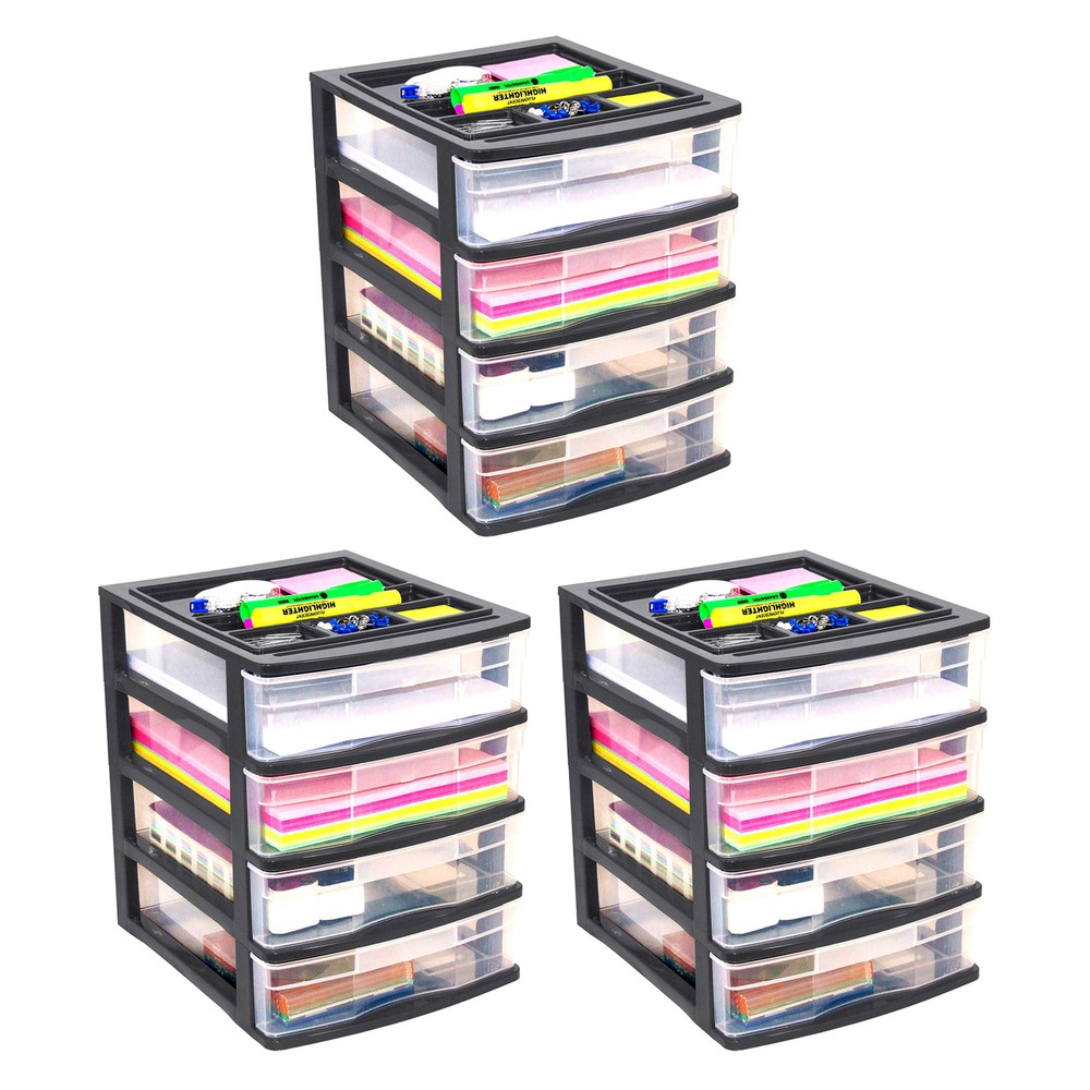 Gracious Living 4 Drawer Desktop Storage Unit with Organizer Lid, Black (3 Pack)