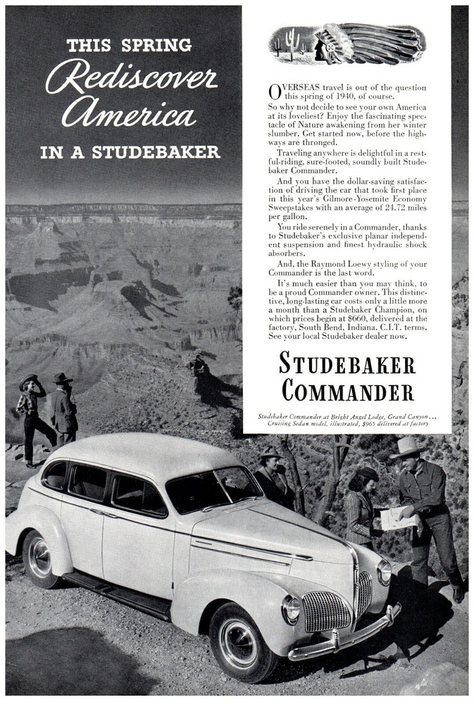 Studebaker Commander Rediscover America Grand Canyon Print Advertisement 1940