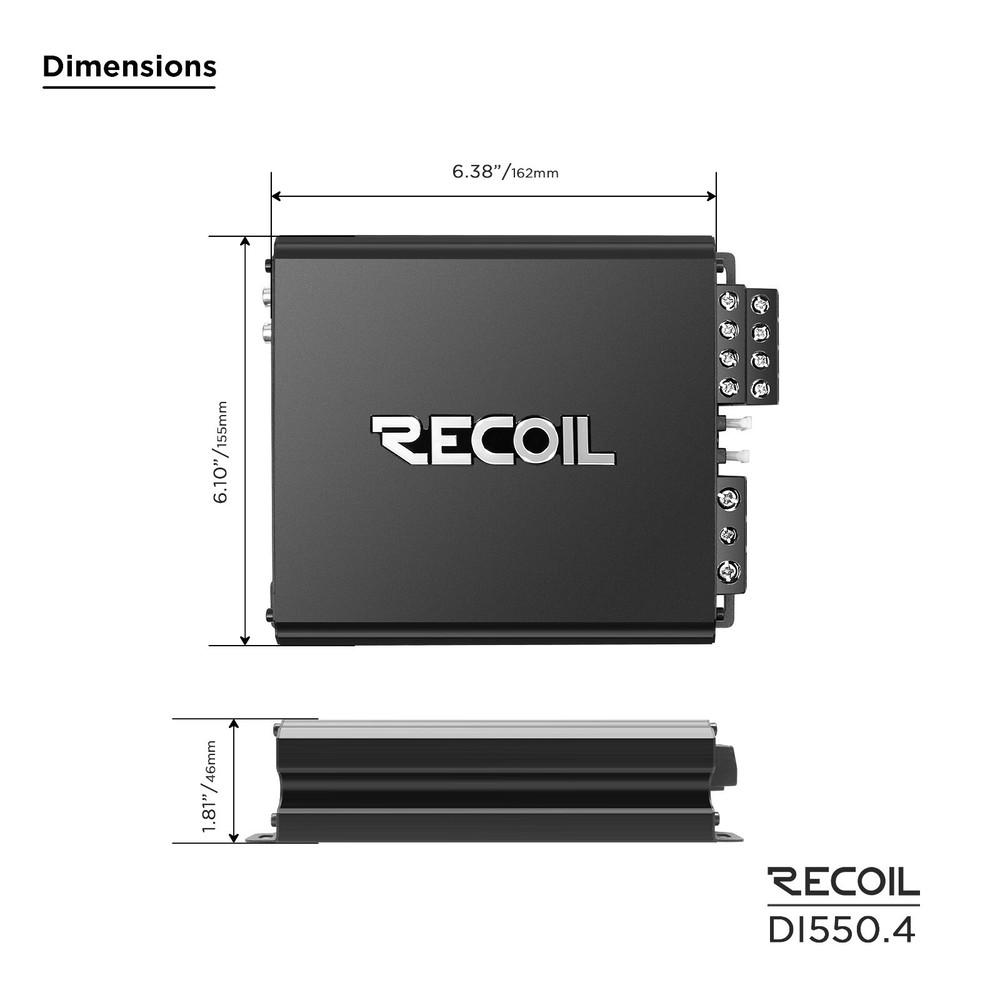 Recoil DI550.4 Full-Range Class-D 4-Channel Car Audio Amplifier, Bridgeable