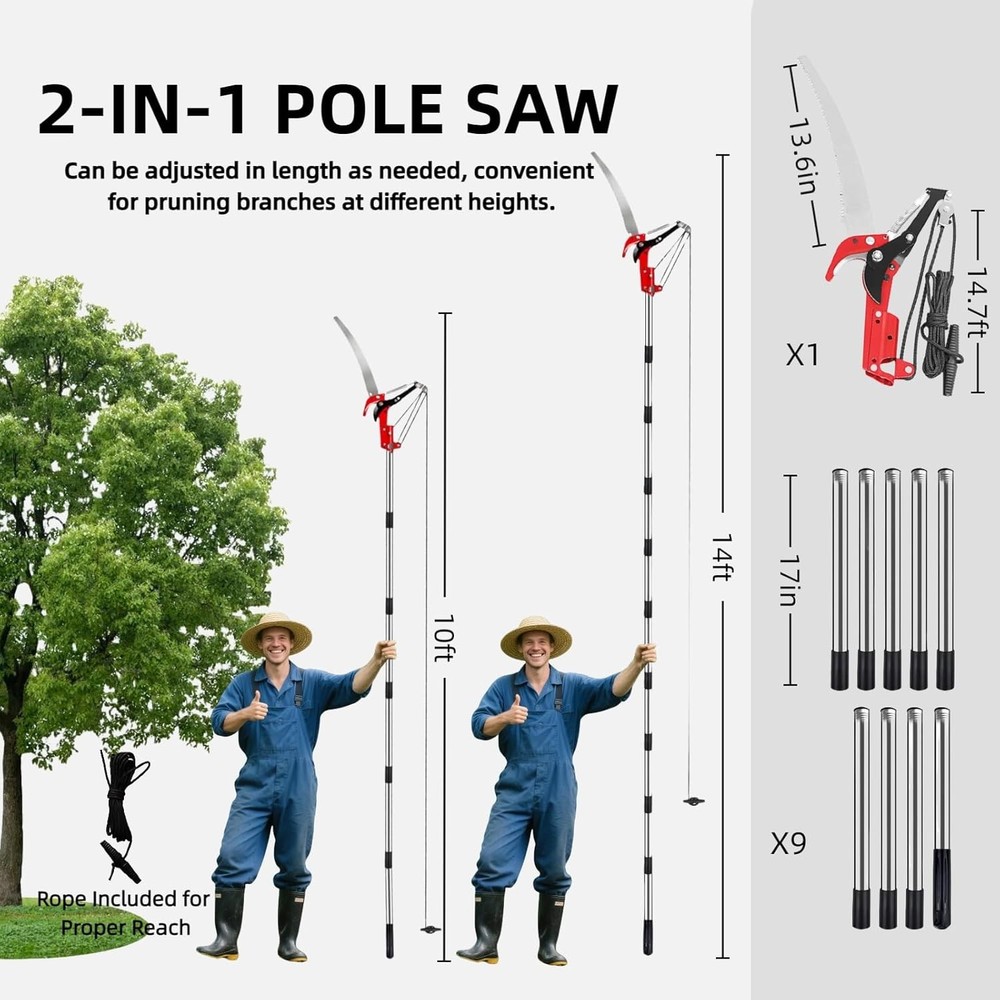 Pole Saws for Tree Trimming - 14FT Dual-Pulley Tree Pruner, Tree Trimmers Long