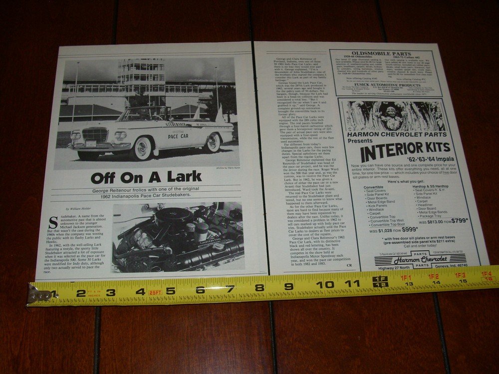 1962 STUDEBAKER LARK INDY 500 PACE CAR ORIGINAL 1985 ARTICLE