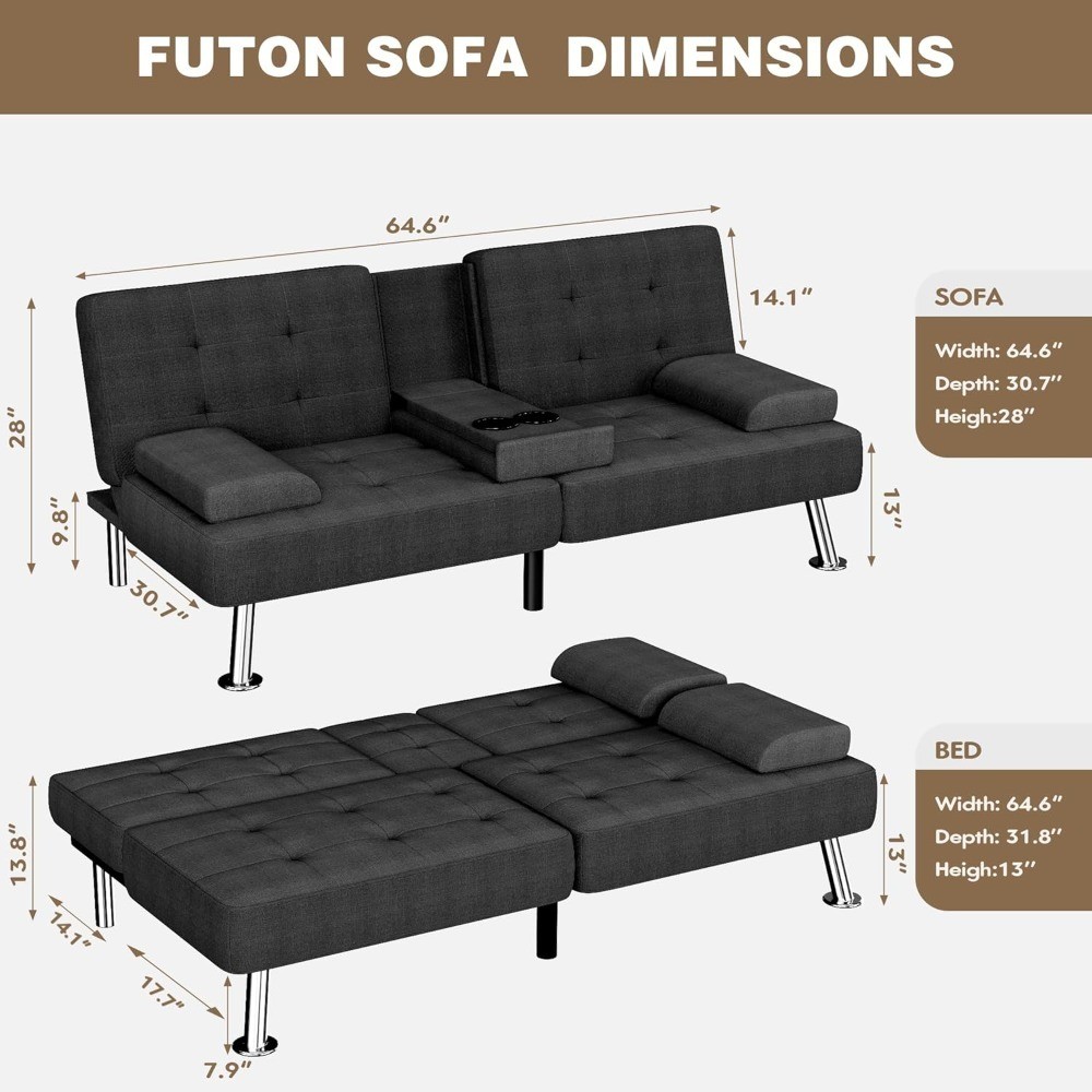 Futon Sofa Bed with Removable Armrests, Adjustable Recliner Sleeper Couch with
