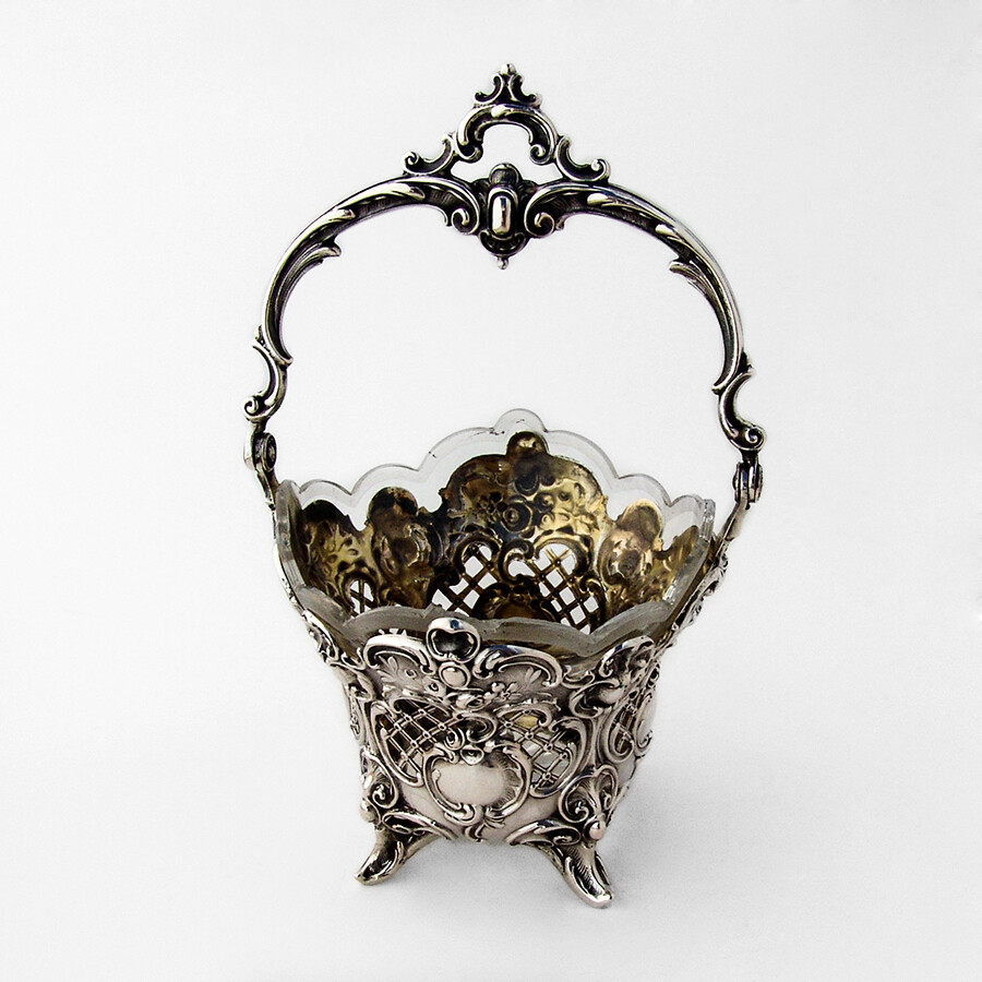 German Openwork Baroque Basket Glass Liner Gilt Interior 800 Silver