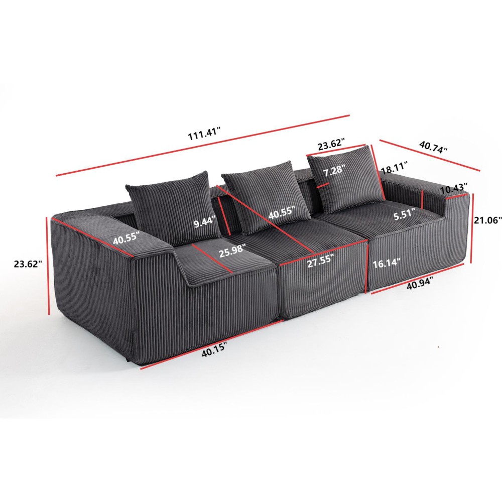 Dark Gray Corduroy Modular Sectional Sofa, 3-Seat Deep Seating