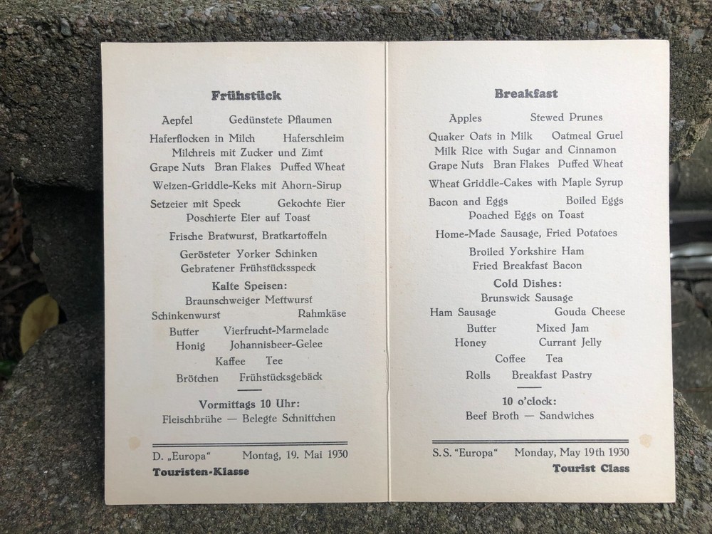 1930 Nord LLoyd SS Europa Breakfast Menu