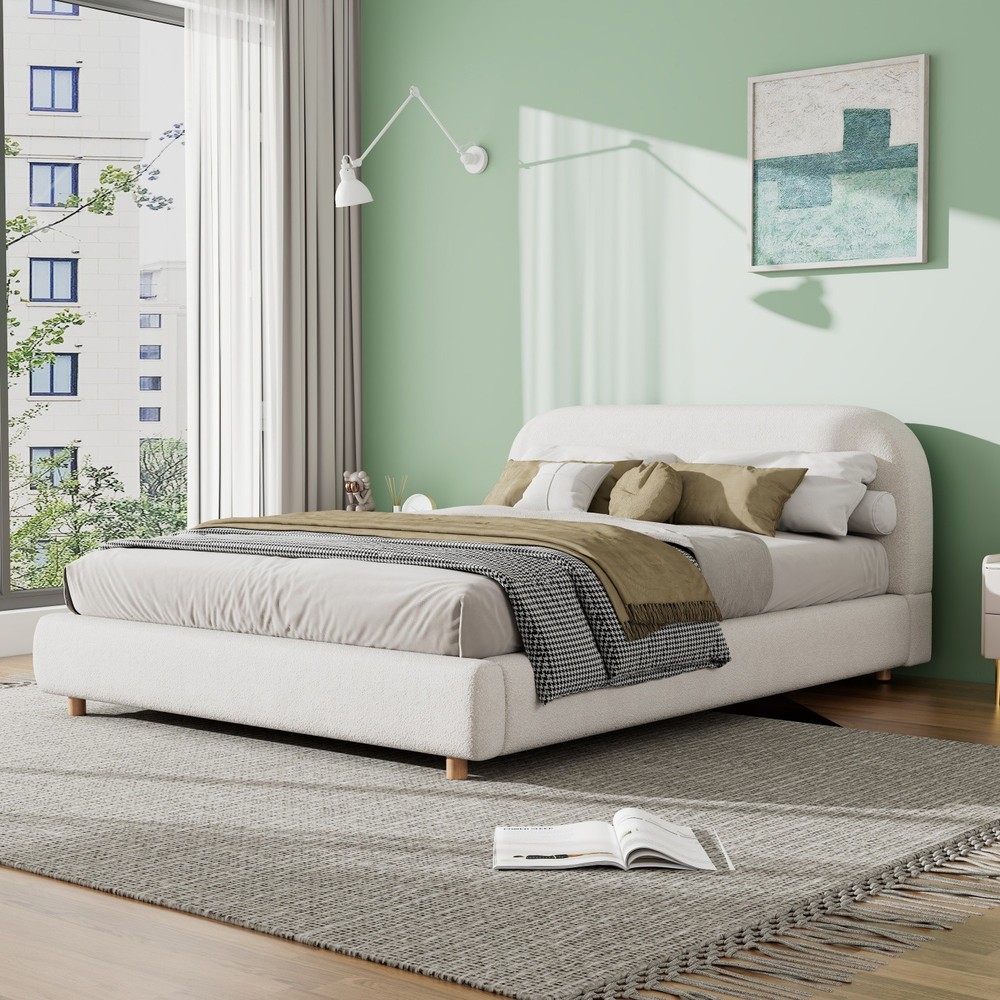White Queen/King Size Upholstered Platform Bed with Headboard & Solid Wood Legs