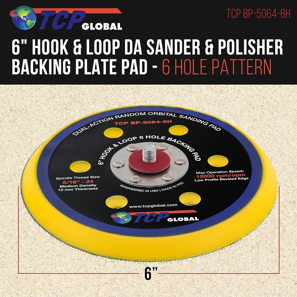 TCP Global 6" Hook & Loop DA Sander & Polisher Backing Plate Pad, 6 Hole...