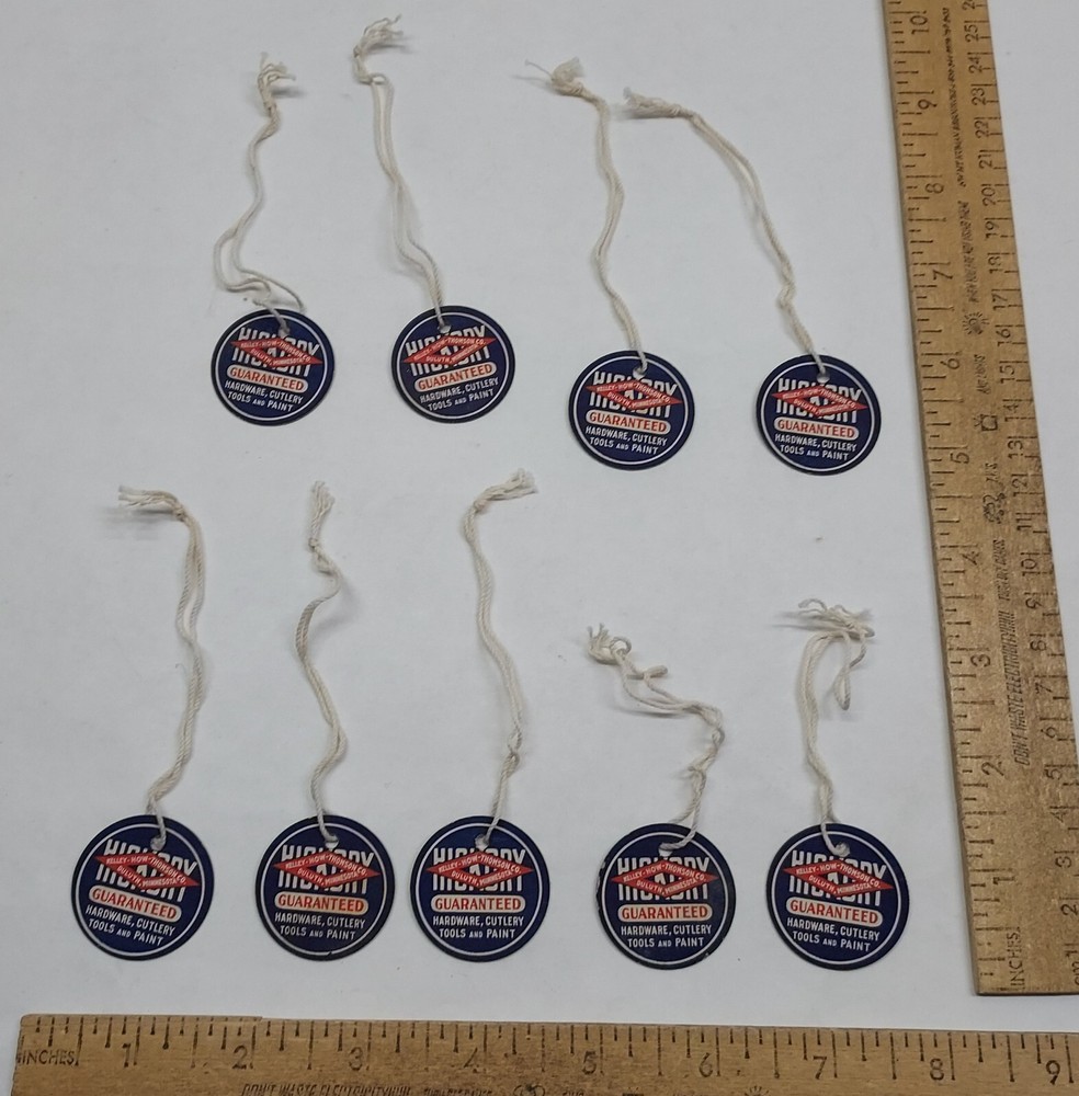 9 Round paper string tags - HICKORY - KELLEY - HOW - THOMSON CO - listing #5192