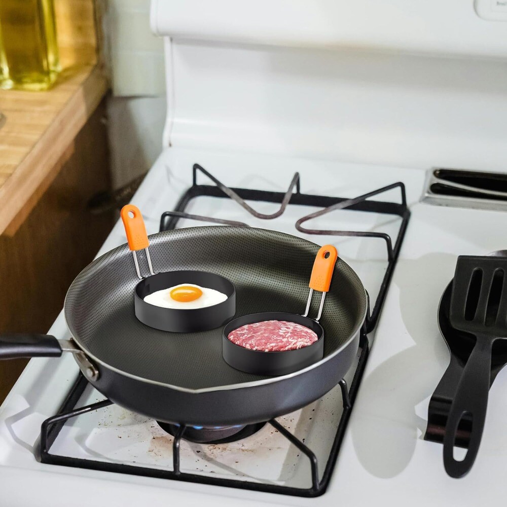 2 PCS Round+Square Egg Rings, Stainless Steel Griddle Frying Egg Silicone Handle